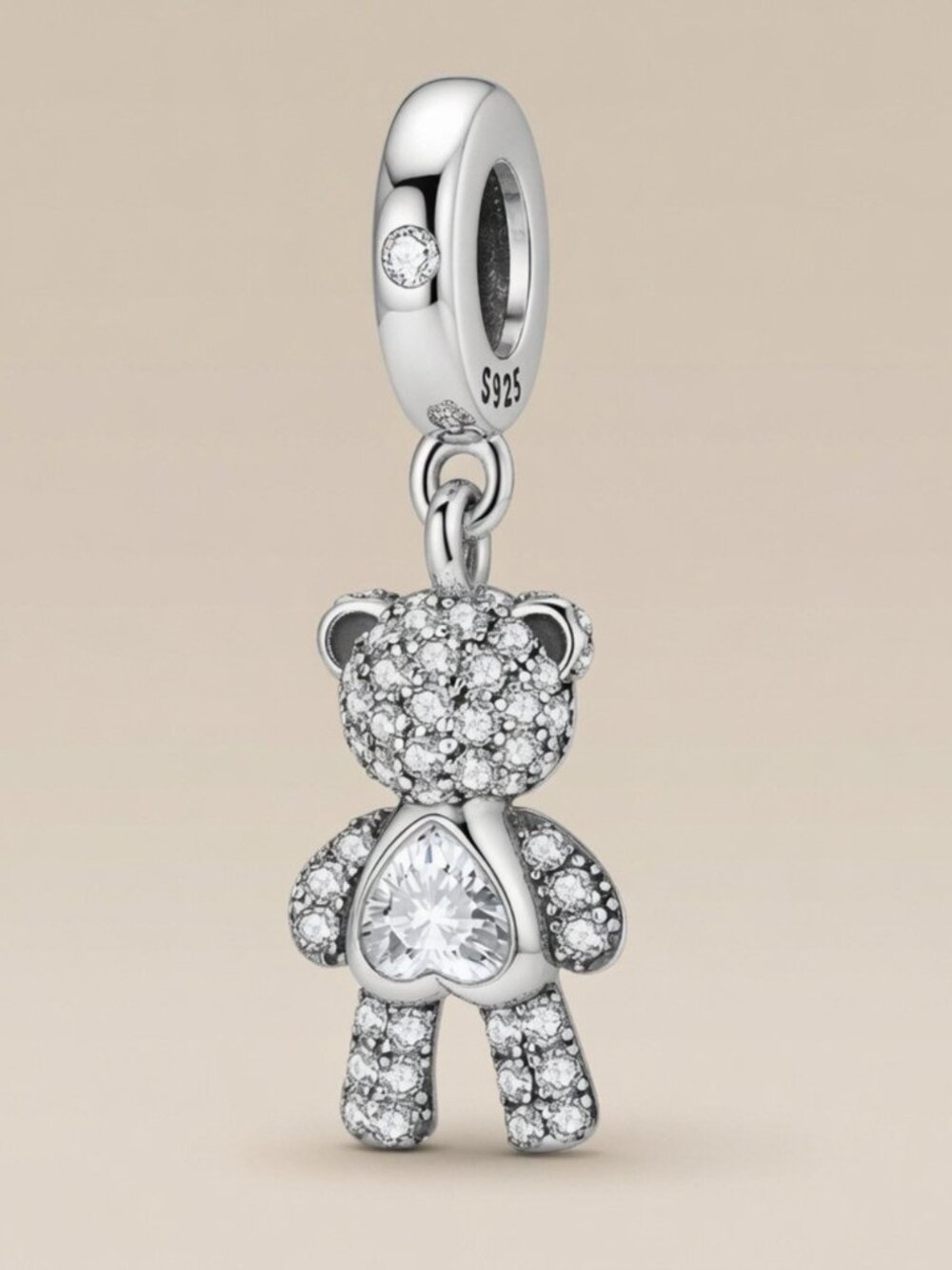 Sterling Silver Teddy Bear Charm Pendant - Sparkling White